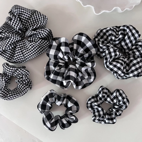 Coleteros Vintage Francés Negro Blanco Gingham Pata de Gallo Grandes Pequeños Retro Cuadros Elásticos Para El Pelo Para Mujer Accesorios