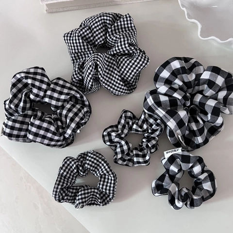 Coleteros Vintage Francés Negro Blanco Gingham Pata de Gallo Grandes Pequeños Retro Cuadros Elásticos Para El Pelo Para Mujer Accesorios