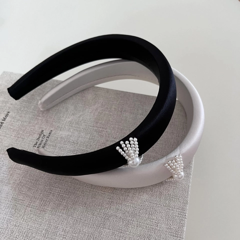 Elegante Cerchietto Imbottito in Raso da Donna Con Decorazione di Perle Artificiali Retro Cerchietto Spugna Spesso Accessori per Capelli Moda