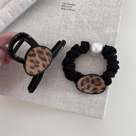Pinza de Pelo de Leopardo y Coletero de Seda de Hielo Con Perla Artificial para Mujer Accesorios para el Cabello Negro Vintage