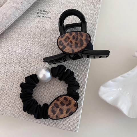 Pinza de Pelo de Leopardo y Coletero de Seda de Hielo Con Perla Artificial para Mujer Accesorios para el Cabello Negro Vintage
