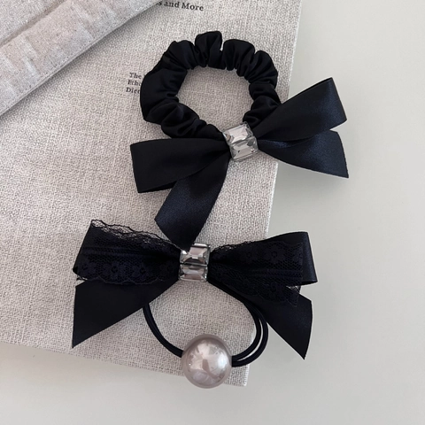 Elegante Elastico per Capelli con Fiocco Nero Stile Francese per Donna Chouchou in Raso Pizzo Strass Perla Artificiale Accessori per Capelli Moda Pendolare