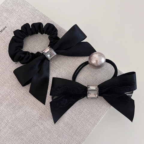 Elegante Elastico per Capelli con Fiocco Nero Stile Francese per Donna Chouchou in Raso Pizzo Strass Perla Artificiale Accessori per Capelli Moda Pendolare