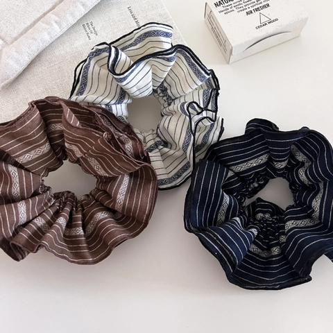 Scrunchie Grande in Tessuto a Doppio Strato a Righe Retrò per Donna Elastico per Capelli Motivo Geometrico Fatto a Mano