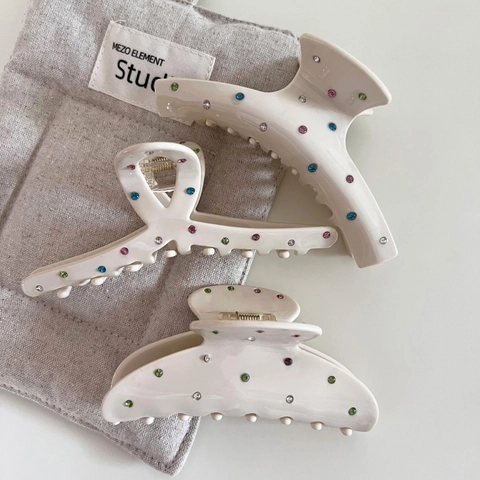 Franse Stijl Acetaat Stippen Strass Haarklem Grote Crème Kleur Haarklauw Voor Vrouwen Elegante Haaraccessoires