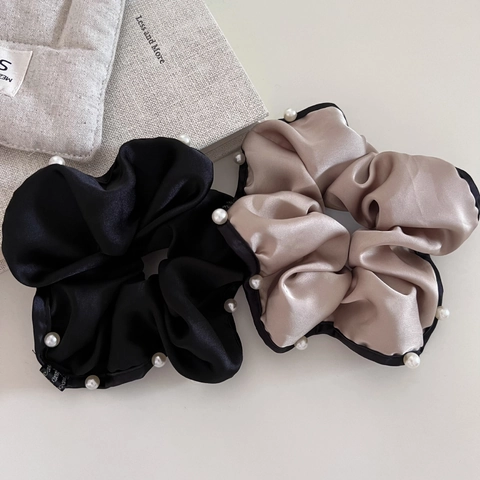 Scrunchies in Raso con Künstliche Perle Vintage Eleganti Elastici per Capelli Grandi Supporto per Coda di Cavallo per Donna Accessori