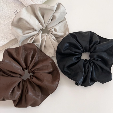 Chouchous en Cuir PU Matelassé Minimalistes de Style Coréen Vintage Grands Élastiques Cheveux Mode Corde Queue de Cheval Femme