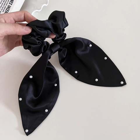 Scrunchie a Fiocco in Satin Stile Francese Con Nastro Lungo in Künstliche Perle Elegante Elastico per Capelli da Donna Vintage Bordeaux Nero