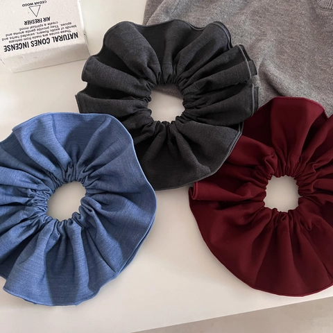 Coletero Plisado Extragrande Vintage Para Mujer Banda Elástica Para El Cabello De Doble Capa Textura De Mezclilla Lazos Grandes Para El Cabello Accesorio Para El Tocado