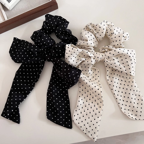 Polka Dot Ribbon Bow Scrunchies For Women Elegant French Style Fabric Hair Ties Long Streamer Ponytail Holder Hair Accessories