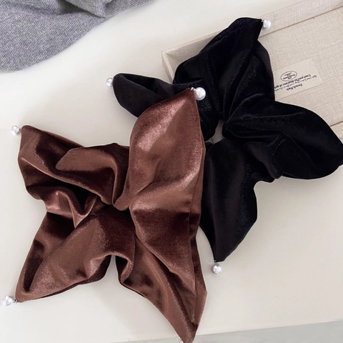 French Vintage Velvet Scrunchies With Artificial Pearl Elegant Large Hair Tie Square Scarf Ponytail Holder For Women Fashion Accessories