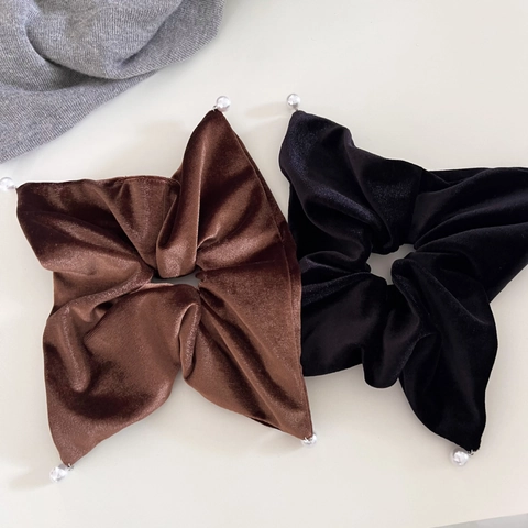 French Vintage Velvet Scrunchies With Artificial Pearl Elegant Large Hair Tie Square Scarf Ponytail Holder For Women Fashion Accessories