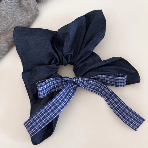 Retro Blau Karierte Schleife Haargummi Übergroße Denim Stoff Haarseil Elegante Pferdeschwanz Halter Mode Haarschmuck Für Damen