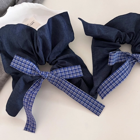 Retro Blau Karierte Schleife Haargummi Übergroße Denim Stoff Haarseil Elegante Pferdeschwanz Halter Mode Haarschmuck Für Damen