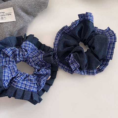Coletero Retro Cuadros Azul Textura Denim Lazo Para El Pelo Banda Elástica Grande Estilo Preppy Accesorios Para El Cabello Mujer
