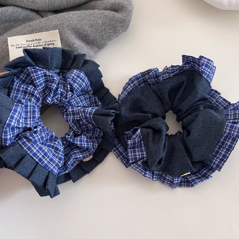 Coletero Retro Cuadros Azul Textura Denim Lazo Para El Pelo Banda Elástica Grande Estilo Preppy Accesorios Para El Cabello Mujer
