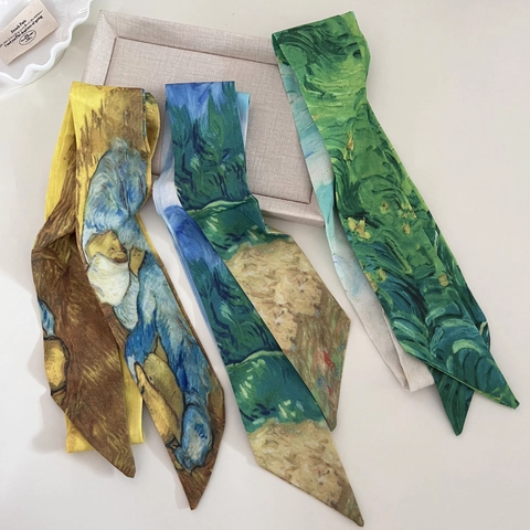 Vintage Oil Painting Style Satin Twilly Scarf For Women Elegant Narrow Hair Band Scarf For Bag Handle Ribbon Scarf Neck Tie