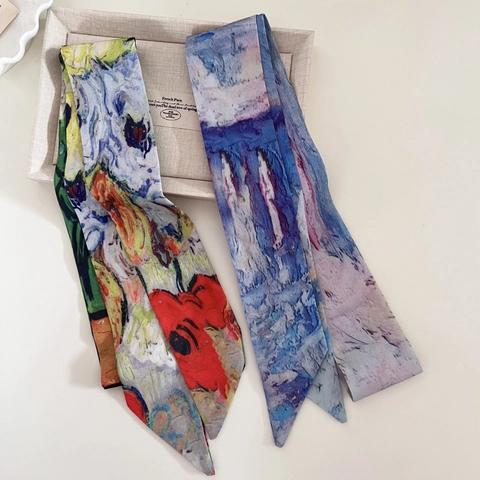 Vintage Oil Painting Style Satin Twilly Scarf For Women Elegant Narrow Hair Band Scarf For Bag Handle Ribbon Scarf Neck Tie