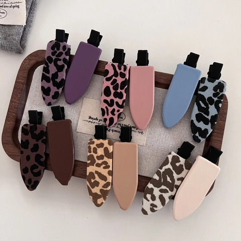 Retro Leopard Print Fabric Wrapped Duckbill Hair Clips Set Solid Color Minimalist Hairpins For Women Daily Hair Accessories