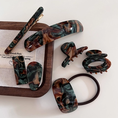 Pinza para el Cabello de Acetato Vintage Verde Café Elegante Textura de Mármol Clip de Tiburón Clip de Pico de Pato para Mujer