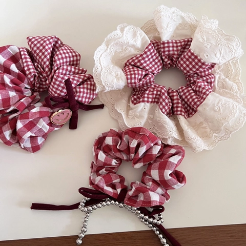 Vintage Rot Gingham Doppel lagige Haargummis Mit Spitze Schleife Silber Perle Haarbänder Für Damen Französisch Pastorell Schmuck