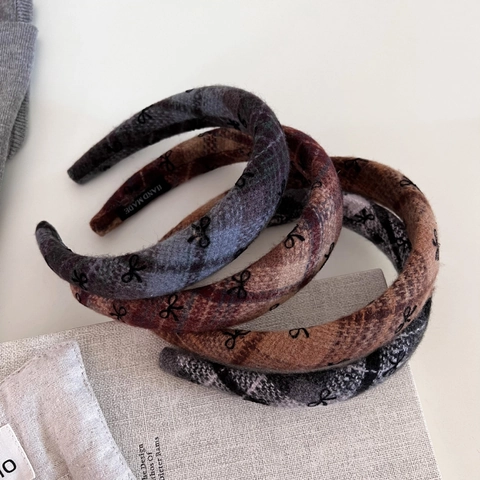 Vintage Plaid Woolen Padded Headband For Women Autumn Winter High Crown Hair Band With Bow Embroidery Fashion Hair Hoop