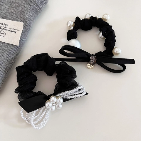 Eleganti Elastici per Capelli in Rete di Pizzo Nero per Donna Fiocco Vintage Künstliche Perle Strass Decorativi in Raso Gioielli per Capelli