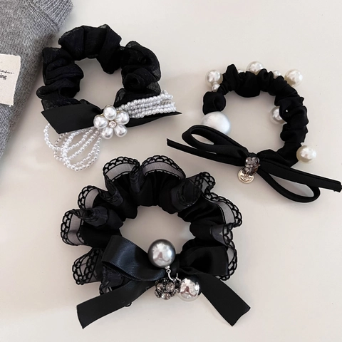 Eleganti Elastici per Capelli in Rete di Pizzo Nero per Donna Fiocco Vintage Künstliche Perle Strass Decorativi in Raso Gioielli per Capelli
