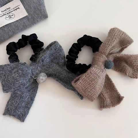 Korean Style Knitted Wool Bow Hair Scrunchie With Plush Ball Alloy Charm Elegant Winter Hair Tie For Women Hair Accessories
