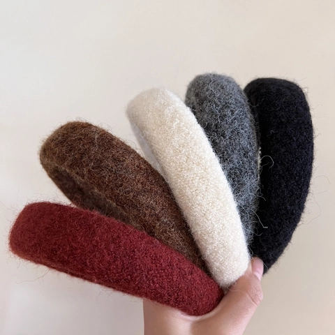 Diadema Acolchada de Felpa de Otoño Invierno para Mujer Banda de Pelo de Lana de Ala Ancha Color Sólido Accesorios de Aro de Pelo