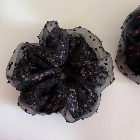 Coletero Grande Romántico de Malla Doble Capa Floral Puntos Flocados Retro Lazo de Pelo Soporte Coleta Elegantes Accesorios de Pelo Mujer