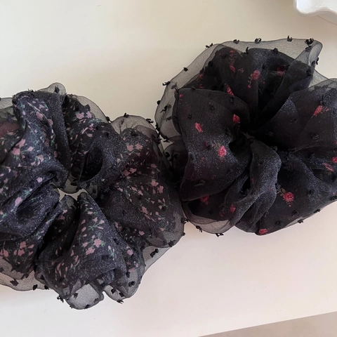 Coletero Grande Romántico de Malla Doble Capa Floral Puntos Flocados Retro Lazo de Pelo Soporte Coleta Elegantes Accesorios de Pelo Mujer