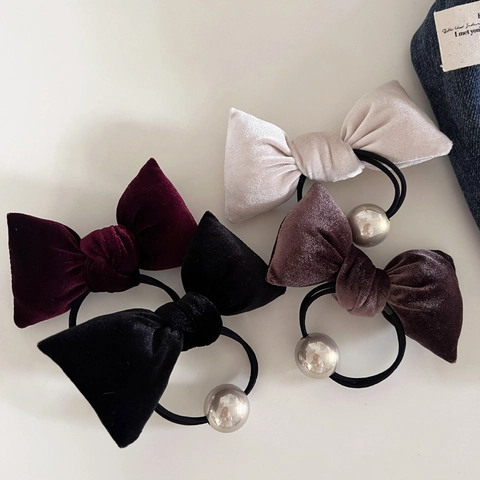 Coletero con Lazo de Terciopelo Retro Con Perla Artificial para Mujer Soporte para Cola de Caballo Elegante Accesorios de Banda Elástica