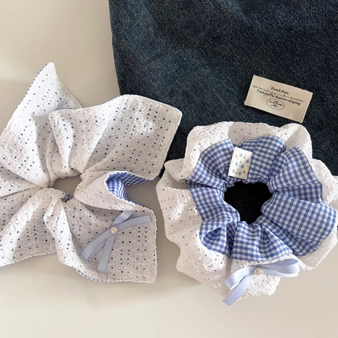 Scrunchie in Pizzo Gingham Blu Stile Coreano Con Fiocco Perla Artificiale Grande Elastico per Capelli Donna Accessori