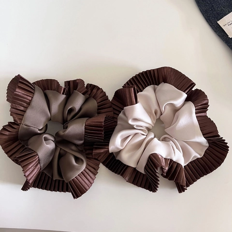 Franse Stijl Geplooide Rand Satijn Scrunchie Voor Vrouwen Elegant Tweelaags Kleur Splicing Grote Haarring Haarelastiekjes