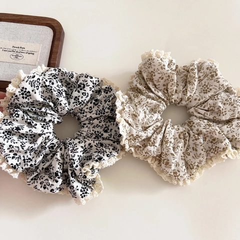 Scrunchie Floreale Vintage Francese per Donna Grandi Elastici per Capelli in Tessuto Con Bordo in Pizzo Stile Pastorale Accessorio per Capelli Elastico Stampato