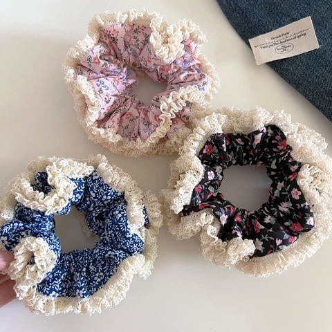 Coletero Floral de Estilo Coreano Vintage Con Borde de Encaje de Doble Capa Tela Elástica Banda de Pelo Coletero Grande Mujer Accesorios Cabello