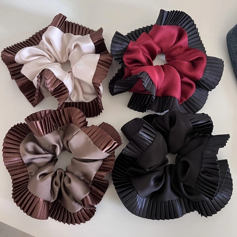 Franse Stijl Geplooide Rand Satijn Scrunchie Voor Vrouwen Elegant Tweelaags Kleur Splicing Grote Haarring Haarelastiekjes