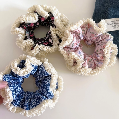 Coletero Floral de Estilo Coreano Vintage Con Borde de Encaje de Doble Capa Tela Elástica Banda de Pelo Coletero Grande Mujer Accesorios Cabello