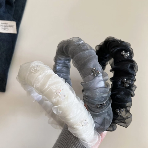 Women Organza Pleated Rhinestone Headband Elegant Wide Hair Band Non-Slip High Top Hair Accessories Daily Commute Jewelry