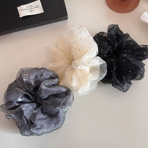 Coletero de Malla de Doble Capa Estilo Francés con Diamantes de Imitación y Lunares para Mujer Moda Elegante Anillo para el Cabello