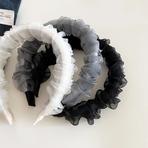 Women Organza Pleated Rhinestone Headband Elegant Wide Hair Band Non-Slip High Top Hair Accessories Daily Commute Jewelry
