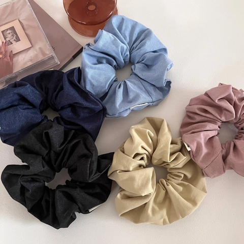 Large Denim Pleated Hair Scrunchies For Women Solid Color Elastic Cloth Hair Ties Sweet Minimalist Ponytail Holder Accessories