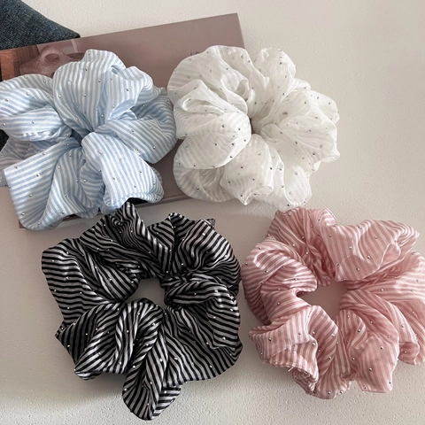 Chouchou en Tissu Rayé avec Strass Style Coréen Anneau de Cheveux Élastique Porte Queue de Cheval Accessoires Cheveux