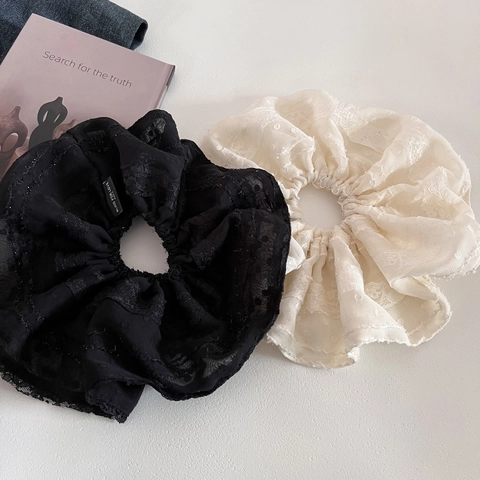 Chouchous Oversize en Mousseline et Dentelle Vintage à Pois Broderie Florale Élastiques à Cheveux Élégants Accessoires Femme