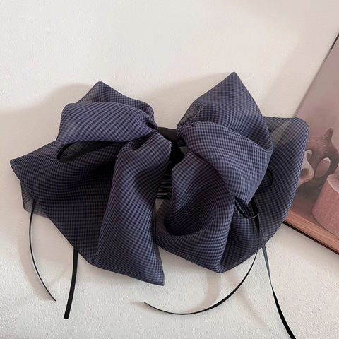 Französischer Vintage Kariert Schleife Haarklammer Groß Netzgewebe Band Haarnadel Elegant Ponytail Halter Damen Haarschmuck