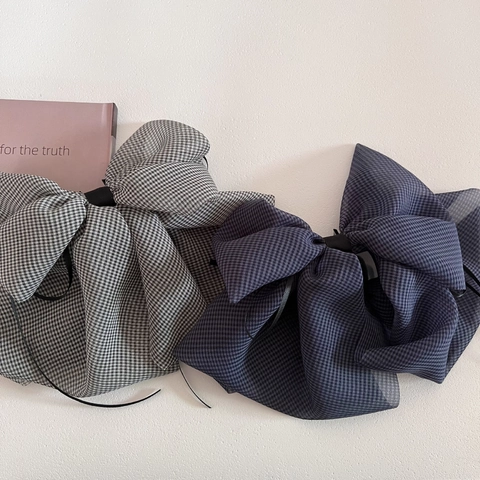 Französischer Vintage Kariert Schleife Haarklammer Groß Netzgewebe Band Haarnadel Elegant Ponytail Halter Damen Haarschmuck