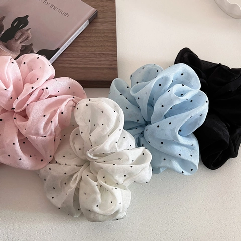 Chouchou à Pois Large pour Femmes Élégant Style Coréen Tissu Mousseline Bande Élastique pour Cheveux Accessoires de Coiffure