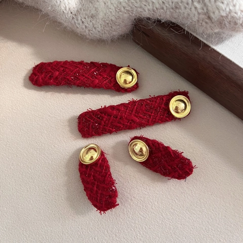 Vintage New Year Red Tweed Hair Clips Elegant Fabric Oval Rectangular Duckbill BB Clip French Style Women Hair Accessories