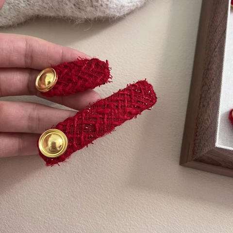 Vintage New Year Red Tweed Hair Clips Elegant Fabric Oval Rectangular Duckbill BB Clip French Style Women Hair Accessories
